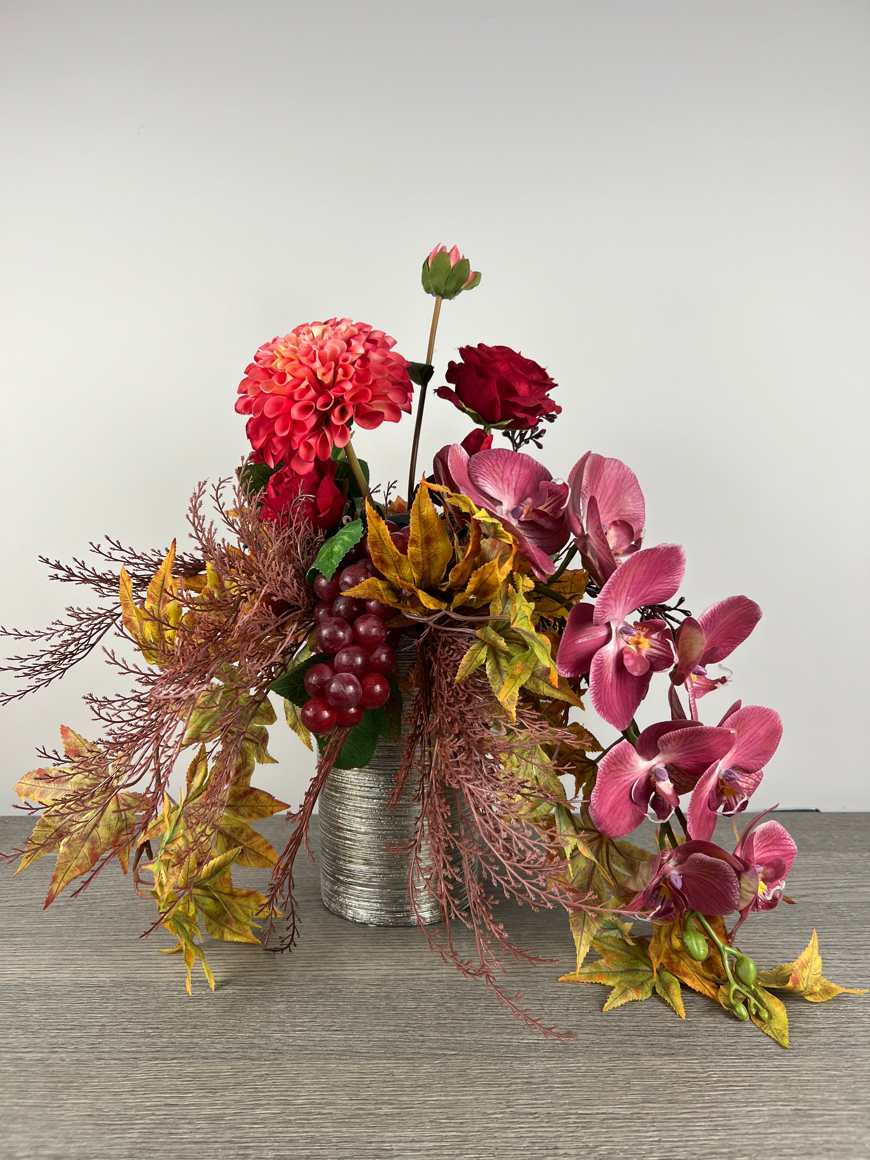 Burgundy, Red and Yellow Premium Silk Fall Floral Centerpiece, Large Real Touch Flower Arrangement, Faux Plants in Vase
