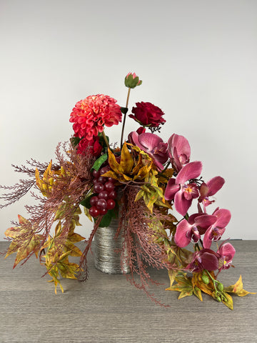 Burgundy, Red and Yellow Premium Silk Fall Floral Centerpiece, Large Real Touch Flower Arrangement, Faux Plants in Vase