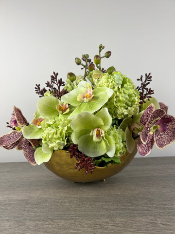 Luxurious artificial flower arrangement, luxurious decor, special centerpiece, green and purple orchids floral arrangement, artificial flowers