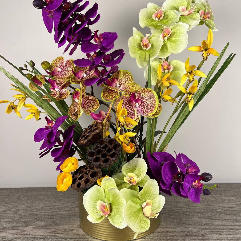 Artificial Plants For Home Decor, Large Real Touch Fuchsia ang Green Orchid, Faux Flower Arrangements In Vase