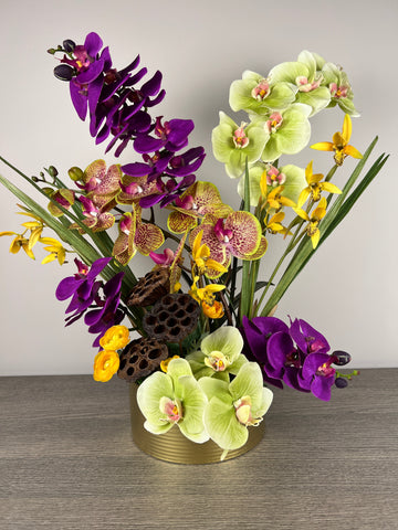 Artificial Plants For Home Decor, Large Real Touch Fuchsia ang Green Orchid, Faux Flower Arrangements In Vase