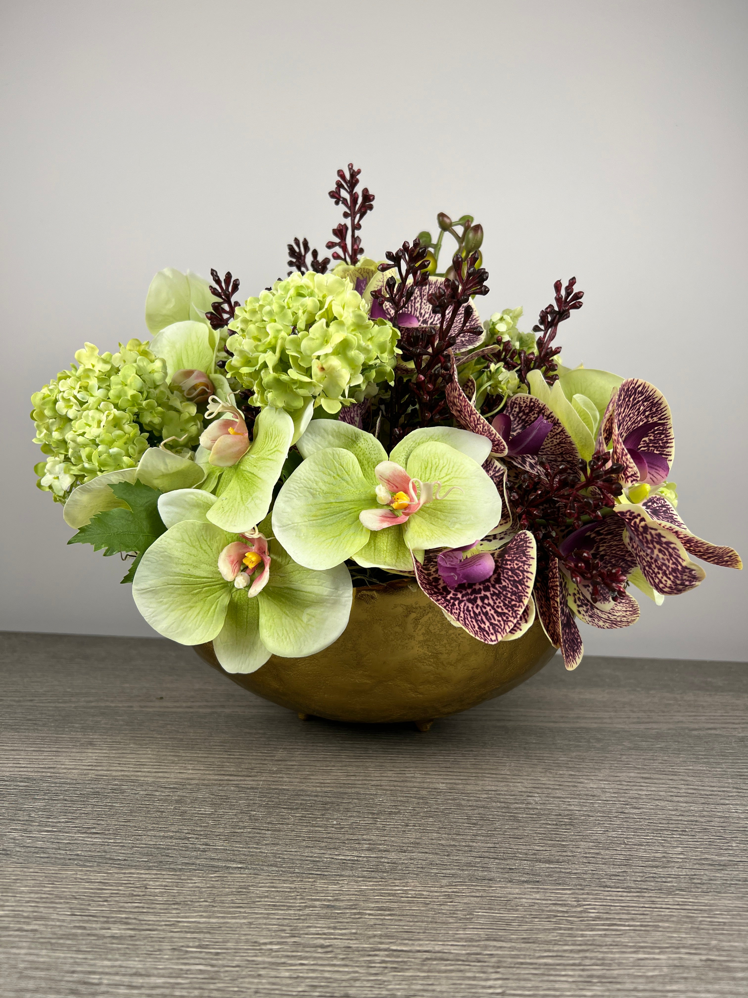 Luxurious artificial flower arrangement, luxurious decor, special centerpiece, green and purple orchids floral arrangement, artificial flowers