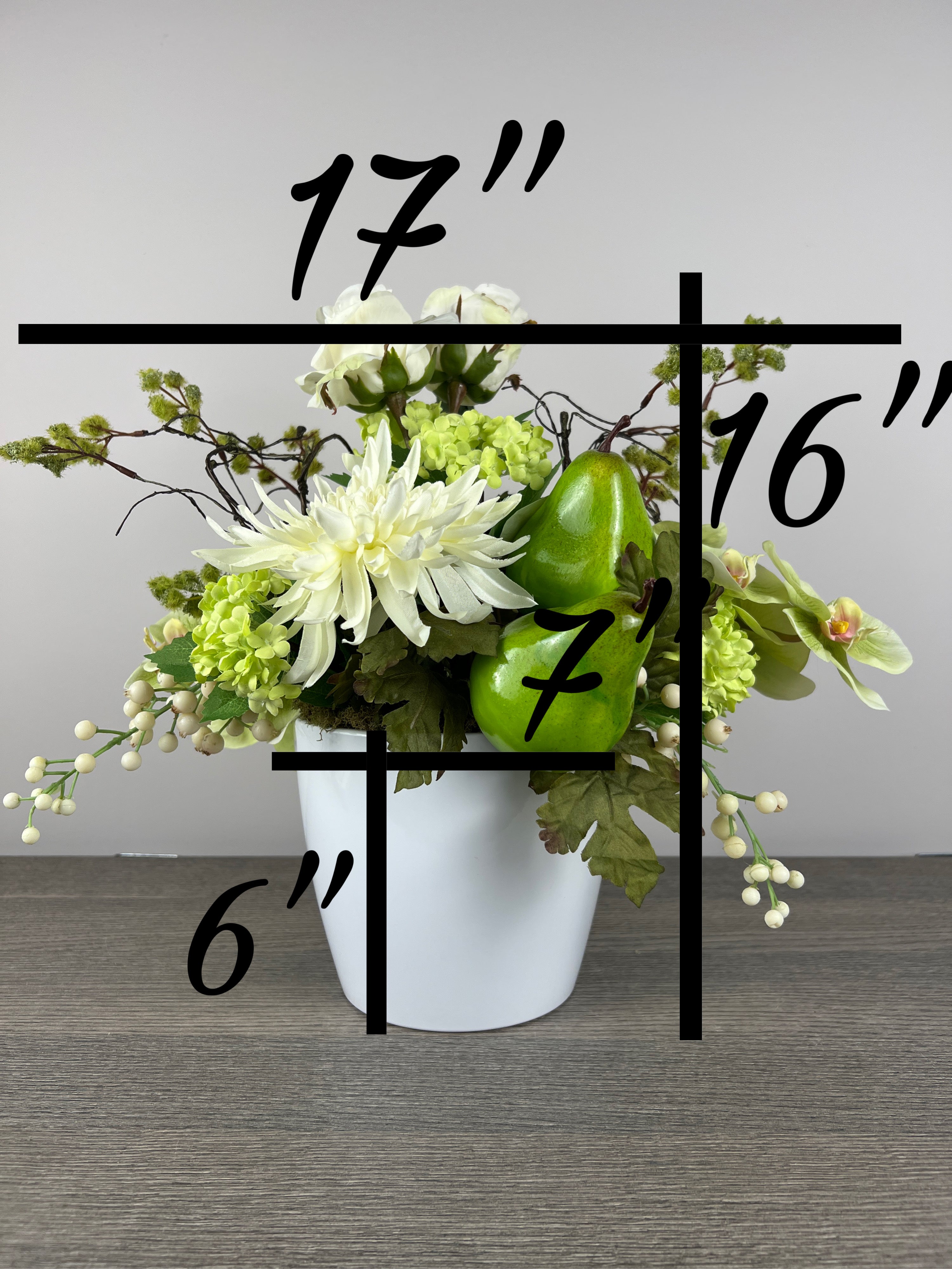 White Real Touch Flowers with green pears Arrangement