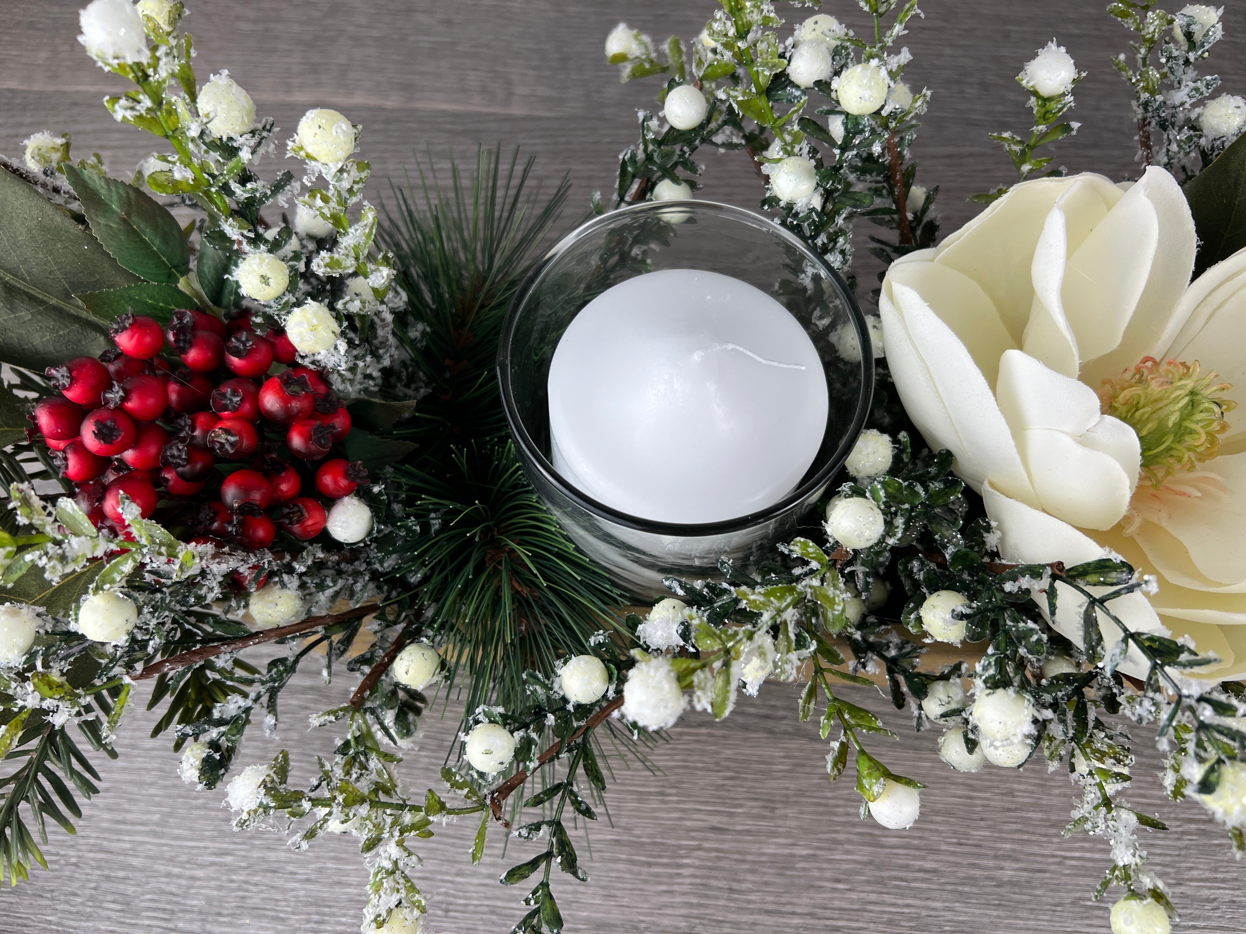 White Magnolia with Berries and Candles
