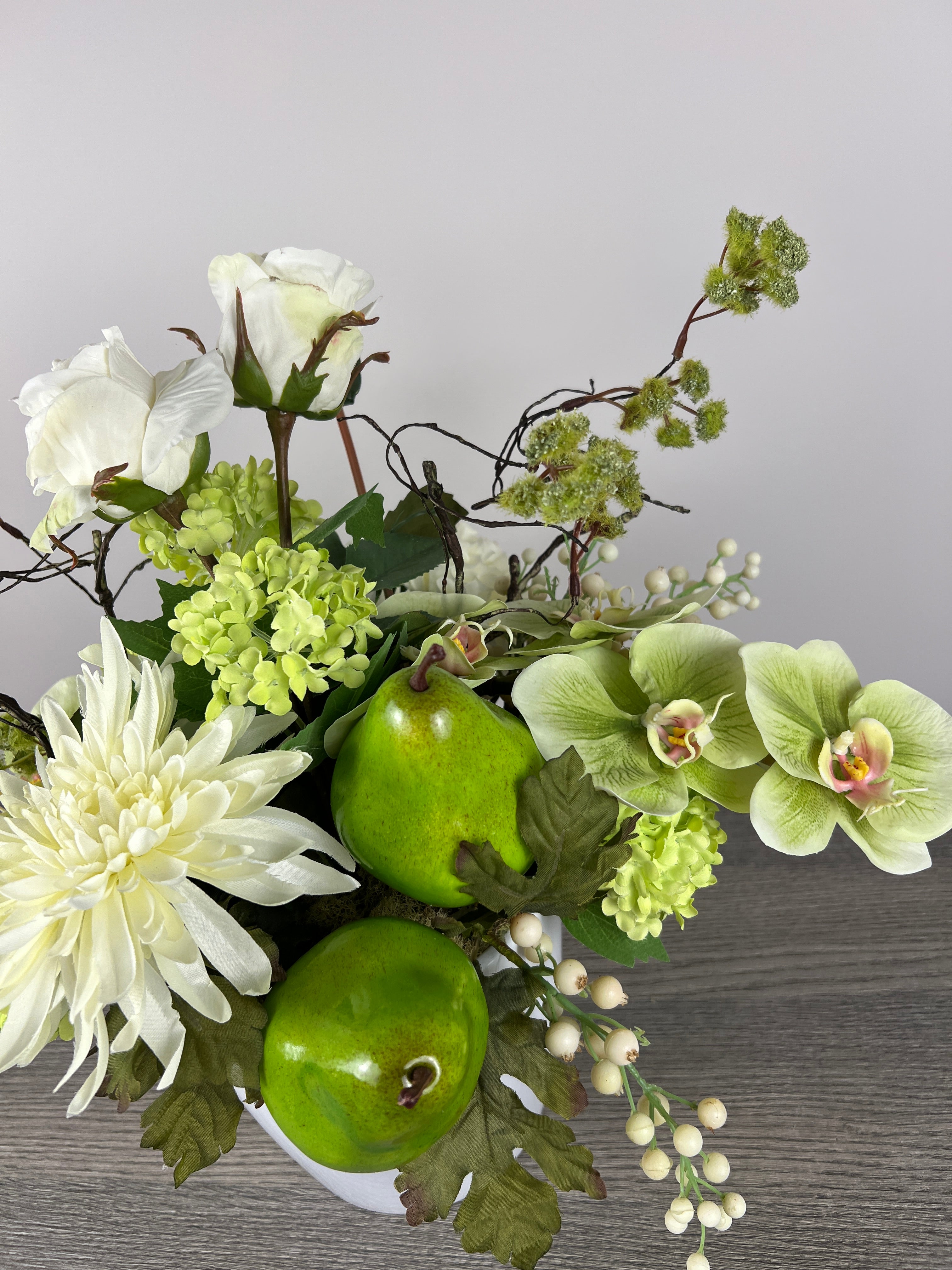 White Real Touch Flowers with green pears Arrangement